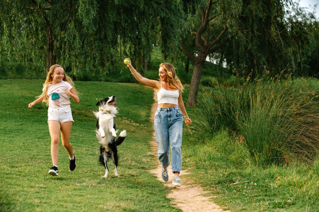 Zwei Frauen spielen mit einem Hund