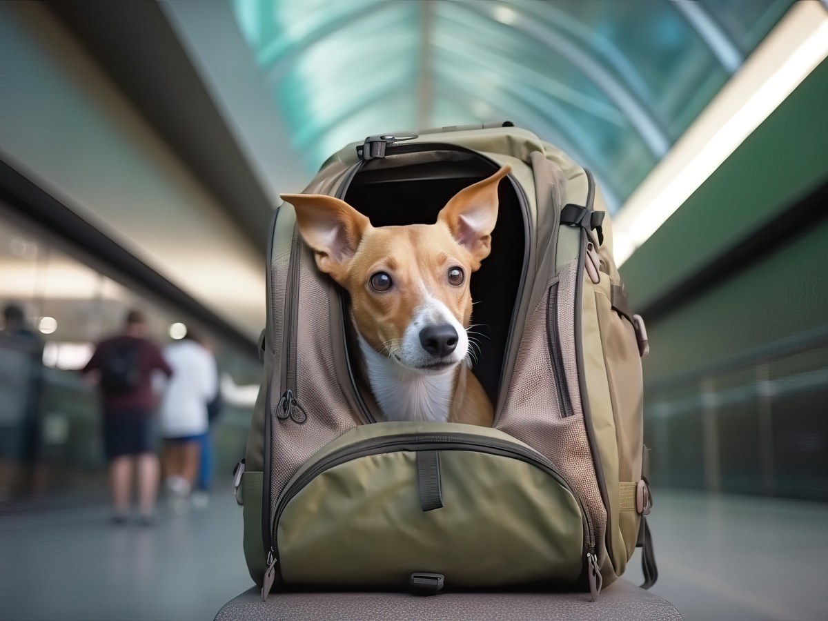 Hund am Flughafen in einer Transporttasche