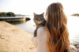 Frau hÃ¤lt Katze am Strand auf dem Arm.