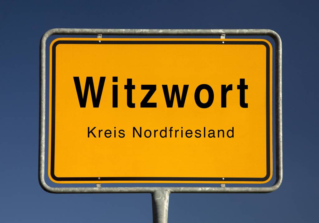 Lustige Städtenamen: Ortseingangsschild von Witzwort, Deutschland, Schleswig-Holstein, Nordfriesland