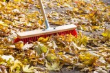 Herbstlaub fegen auf Bürgersteig.