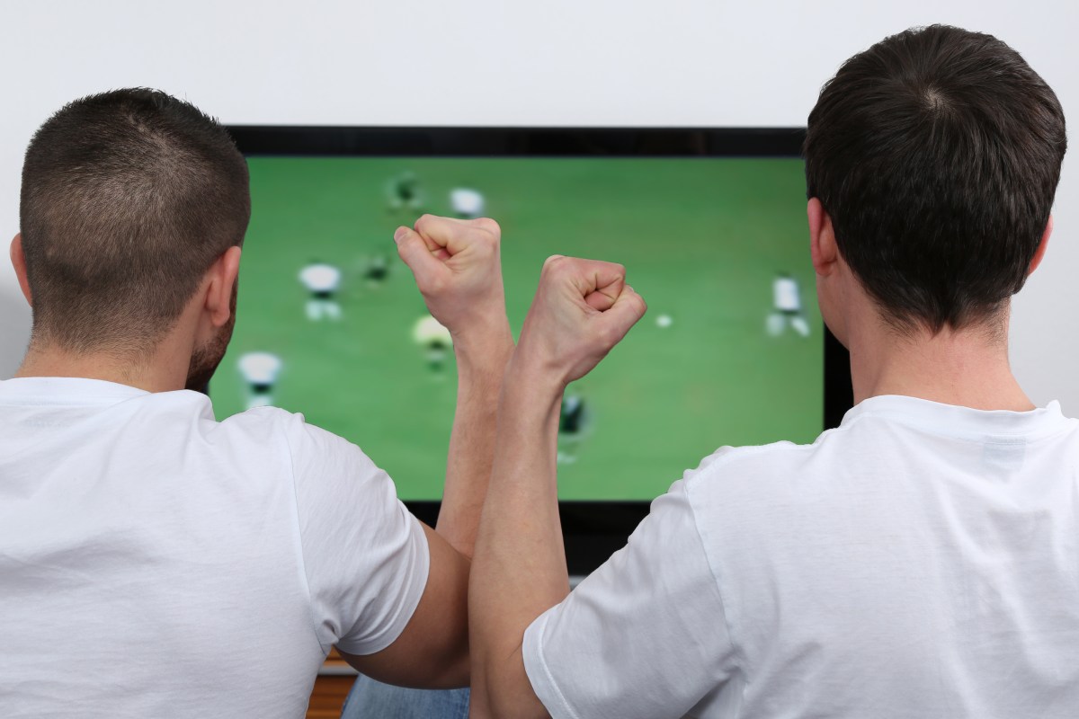 Zwei Männer stehen vor einem Fernseher und schauen Fußball.