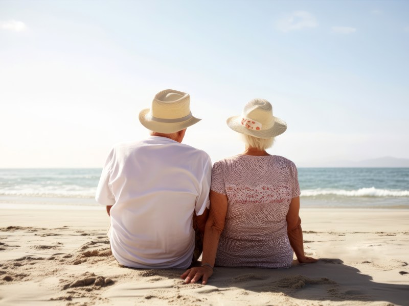 Ein Senioren-Paar sitzt am Strand und schaut auf das Meer.