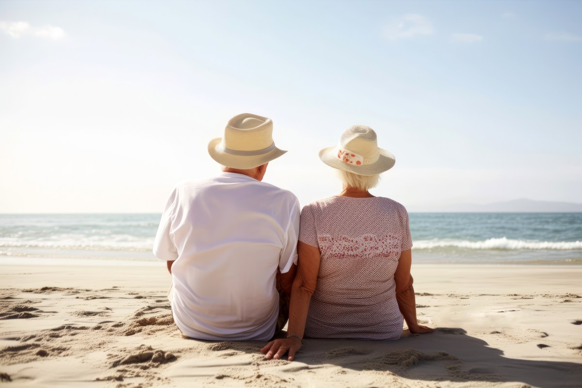 Ein Senioren-Paar sitzt am Strand und schaut auf das Meer.