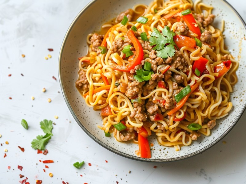 Ein Teller asiatische Bolognese mit Nudeln, Paprika und Möhren, bestreut mit Koriander und Frühlingszwiebeln, Draufsicht.