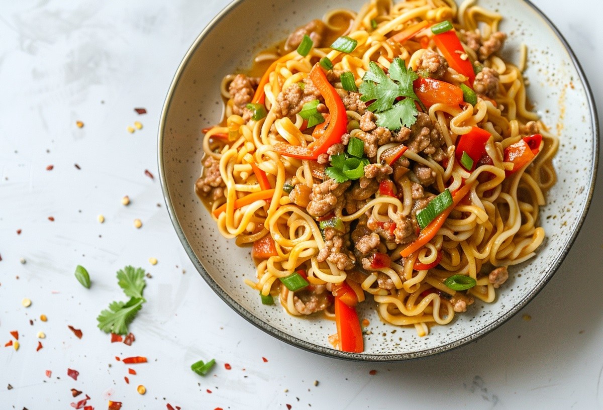 Ein Teller asiatische Bolognese mit Nudeln, Paprika und MÃ¶hren, bestreut mit Koriander und FrÃ¼hlingszwiebeln, Draufsicht.