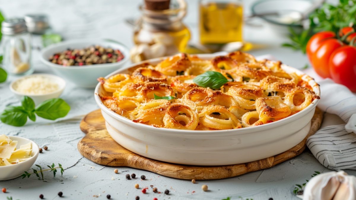 Anelletti al forno in weiÃŸer Auflaufform