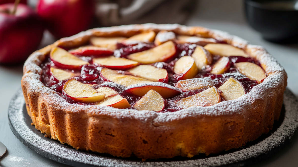 Apfelkuchen mit Marmelade auf einer Tortenplatte