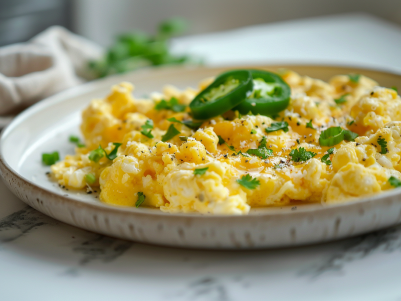 Chili Cheese Rührei auf einem weißen Teller, garniert mit Jalapeños.