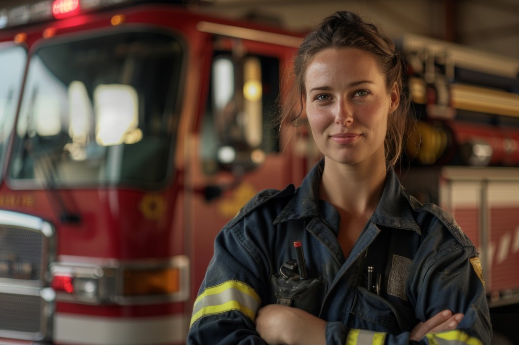 Eine Feuerwehrfrau steht vor einem Feuerwehrwagen.