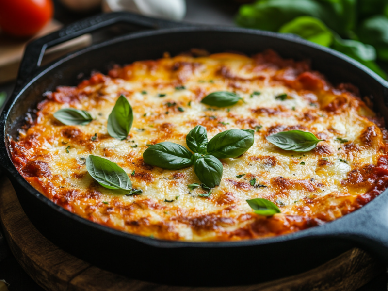 Pfannenlasagne mit Mozzarella in gusseiserner Pfanne, garniert mit frischem Basilikum.