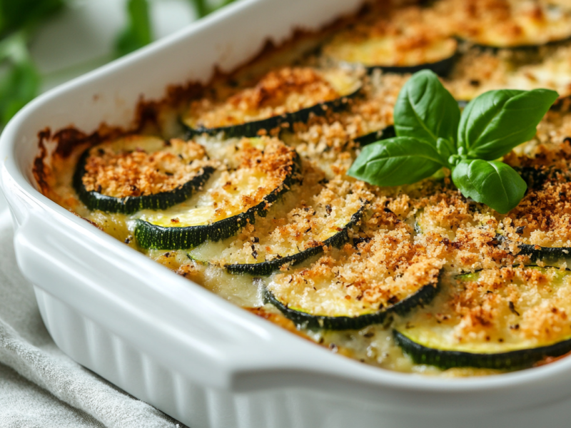 Zucchini-Gratin mit SemmelbrÃ¶seln in weiÃŸer Auflaufform, Nahsicht.