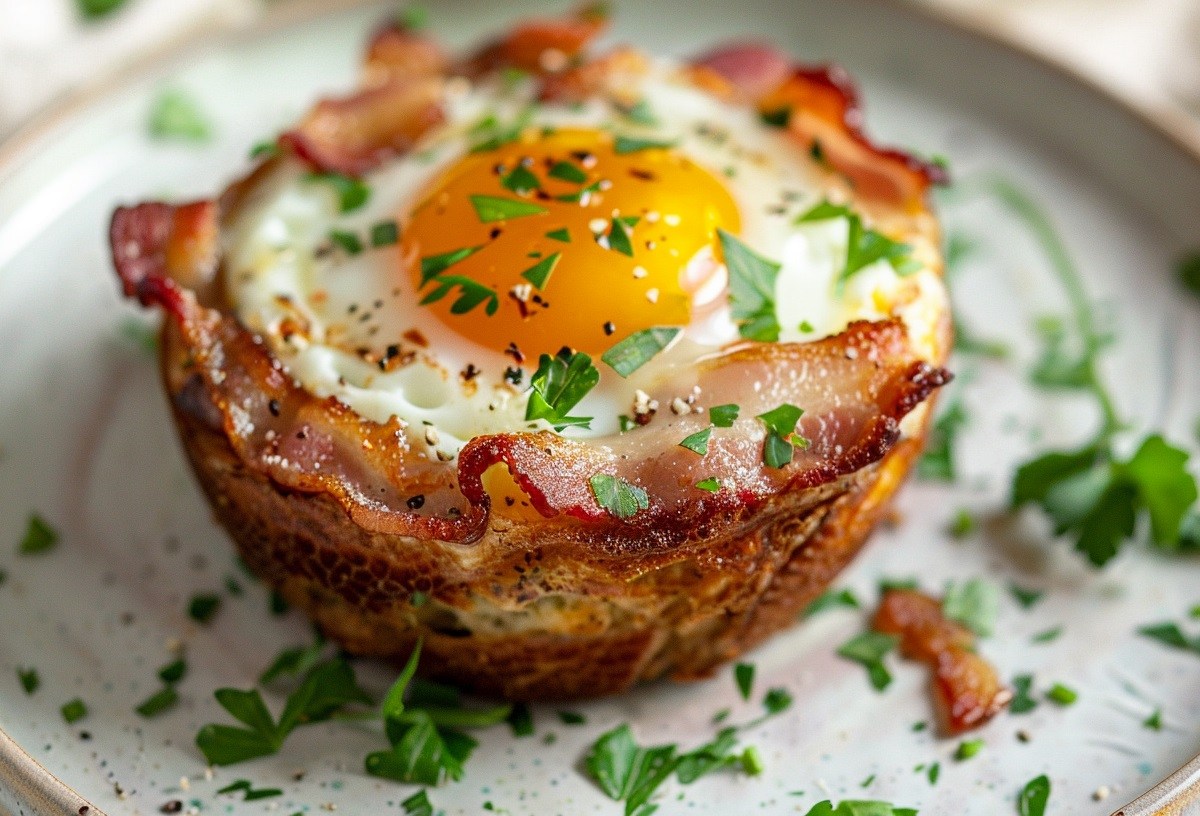 Bacon-Spiegelei-Muffins mit Petersilie bestreut auf einem Teller, Nahaufnahme.