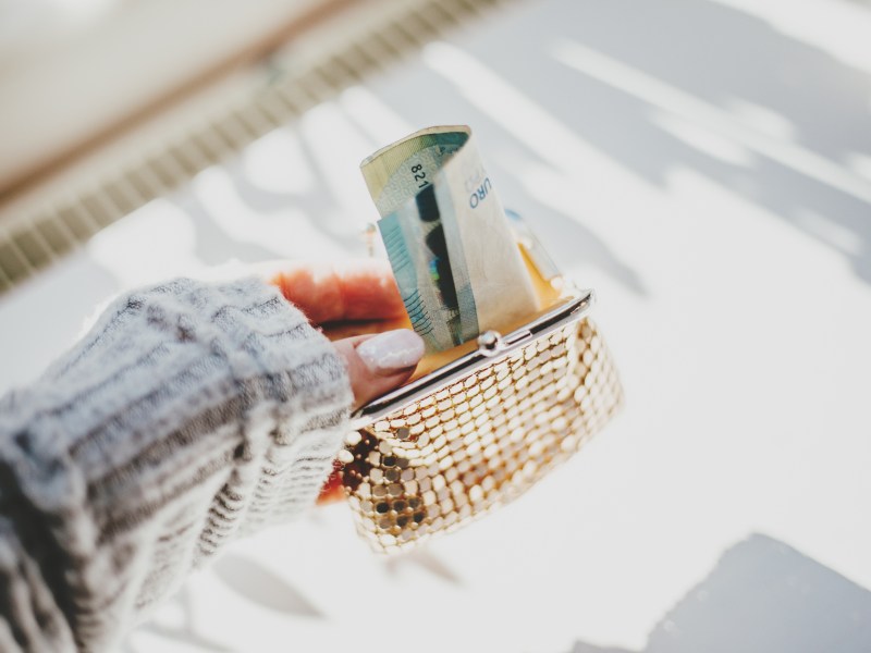 Die weibliche Hand hÃ¤lt eine goldene Handtasche mit Euro-Scheinen.