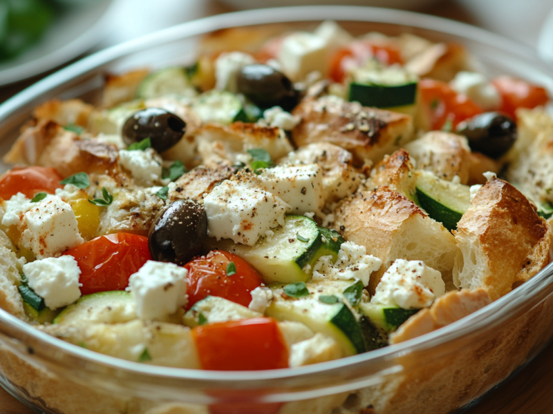 Mediterraner Brotauflauf mit Paprika, Oliven, Zucchini, Tomaten und Feta in einer Auflaufform auf Glas.