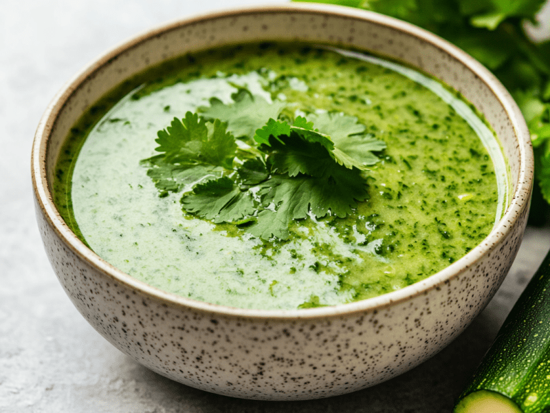 Eine SchÃ¼ssel mit Zucchini-Gazpacho, garniert mit Koriander, daneben eine Zucchini und Koriander.