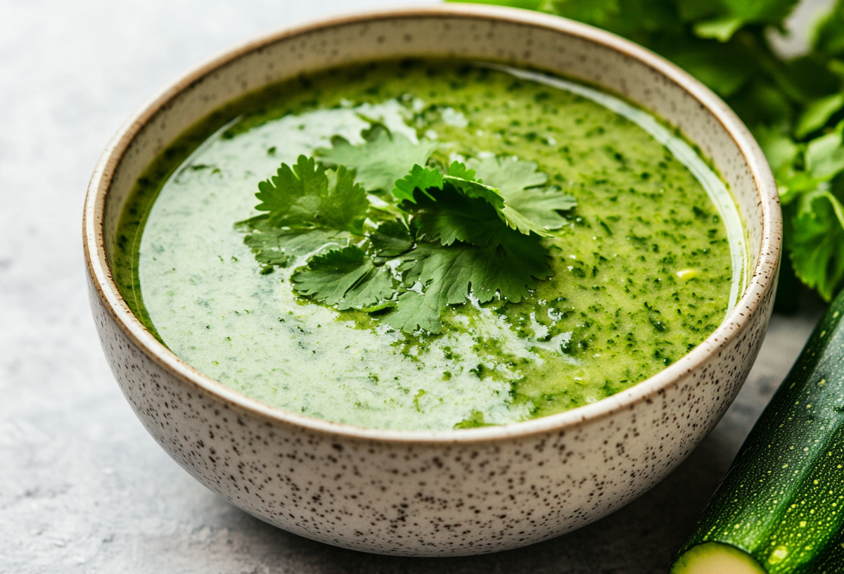 Eine SchÃ¼ssel mit Zucchini-Gazpacho, garniert mit Koriander, daneben eine Zucchini und Koriander.