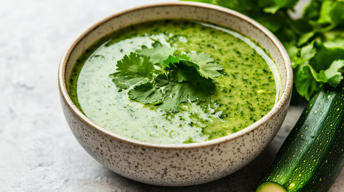 Eine SchÃ¼ssel mit Zucchini-Gazpacho, garniert mit Koriander, daneben eine Zucchini und Koriander.