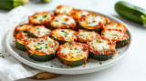 Zucchini-Pizza-Bites auf einem weiÃŸen Teller.