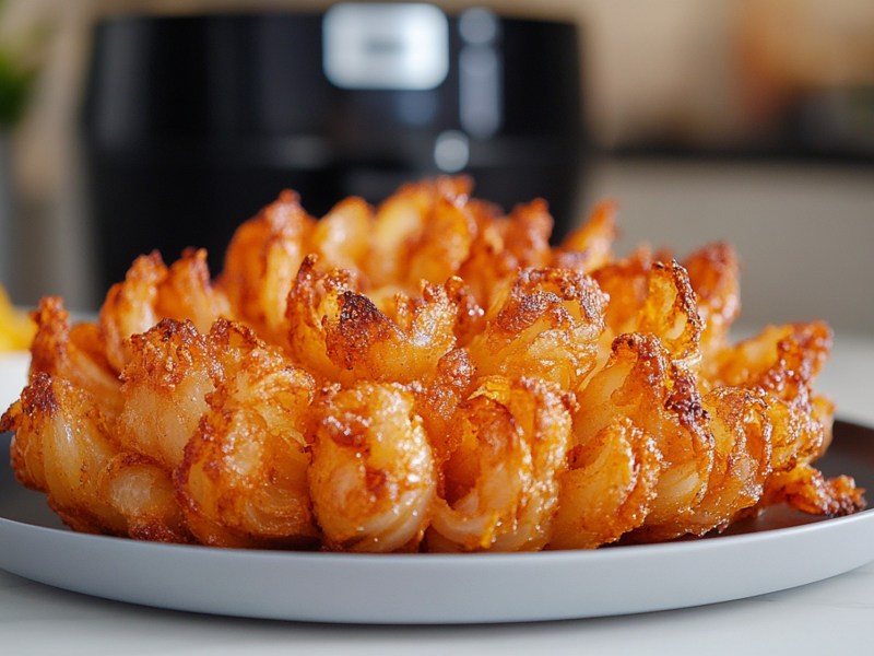 Teller mit Zwiebelblume aus dem Airfryer, Airfryer im Hintergrund