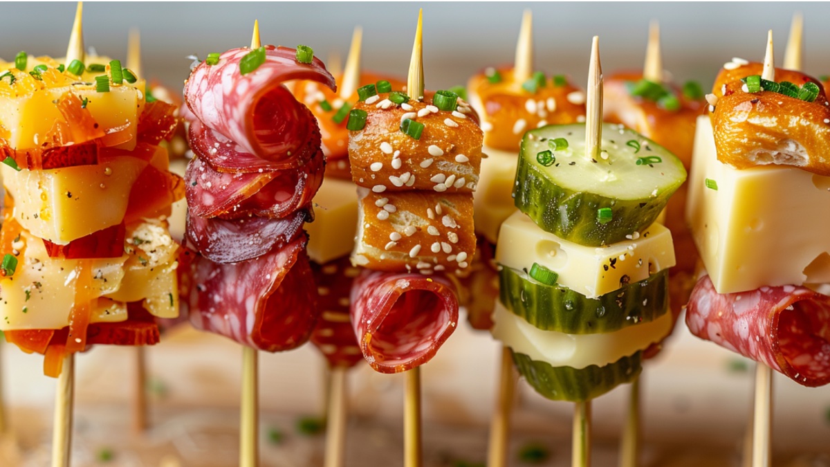 Bunte BrotzeitspieÃŸe mit Gurke, Salami, KÃ¤se und Laugenbrot.