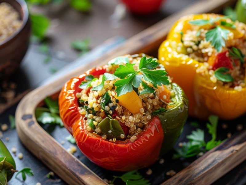 GefÃ¼llte Paprika mit Quinoa auf braunem Brett.