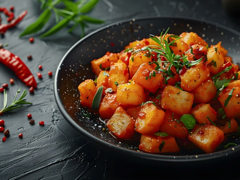 Eine SchÃ¼ssel Harissa-Kartoffelsalat mit Petersilie garniert.