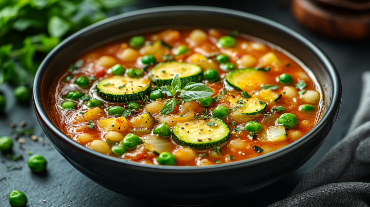 Eine SchÃ¼ssel Kichererbsensuppe mit Zucchini, Erbsen und KrÃ¤utern.