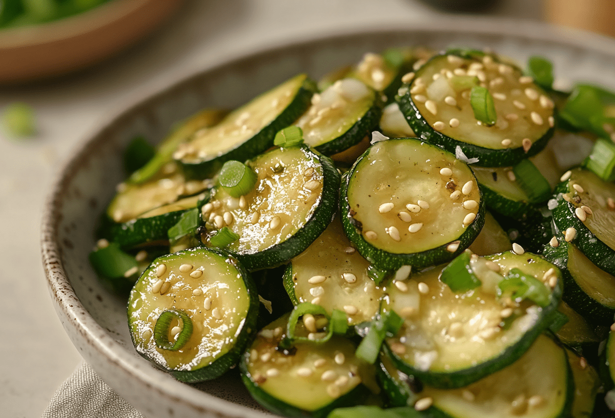 Koreanischer Zucchinisalat Hobak Bokkeum mit Sesam und FrÃ¼hlingszwiebeln in einer SchÃ¼ssel.