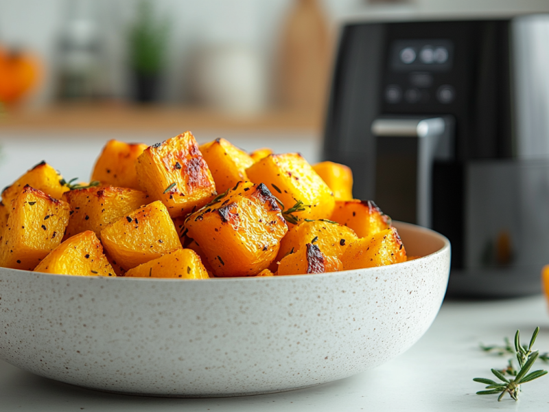 Eine SchÃ¼ssel KÃ¼rbis aus dem Airfryer, dahinter unscharf zu erkennen eine HeiÃŸluftfritteuse.