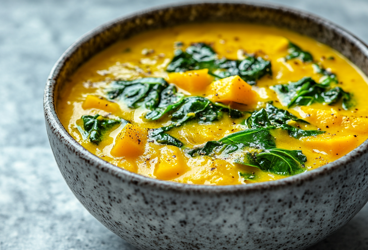 eine SchÃ¼ssel KÃ¼rbis-Wirsing-Curry. Nahaufnahme.