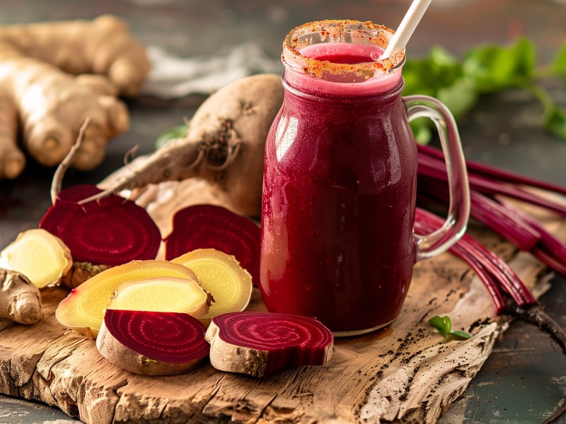 Glas Rote-Bete-Ingwer-Saft auf einem Brett, daneben Rote Bete und Ingwerknollen