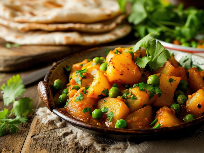 Gusseiserne Pfanne mit Kartoffel-Curry und Naan-Brot auf Holztisch