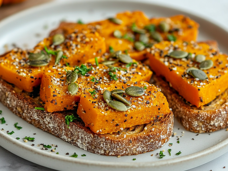 2 KÃ¼rbis-Toasts, bestreut mit KÃ¼rbiskernen, gehackten NÃ¼ssen und KrÃ¤utern, auf einem Teller.