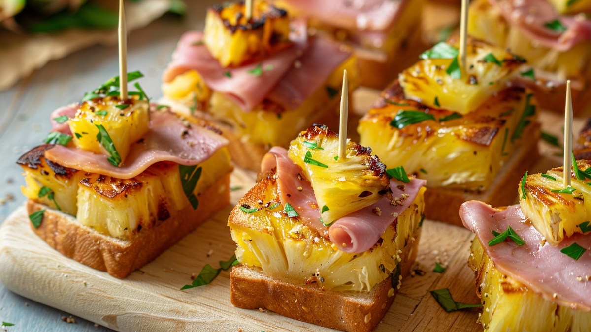 Toast-Hawaii-SpieÃŸe in Nahaufnahme auf braunem Brett.