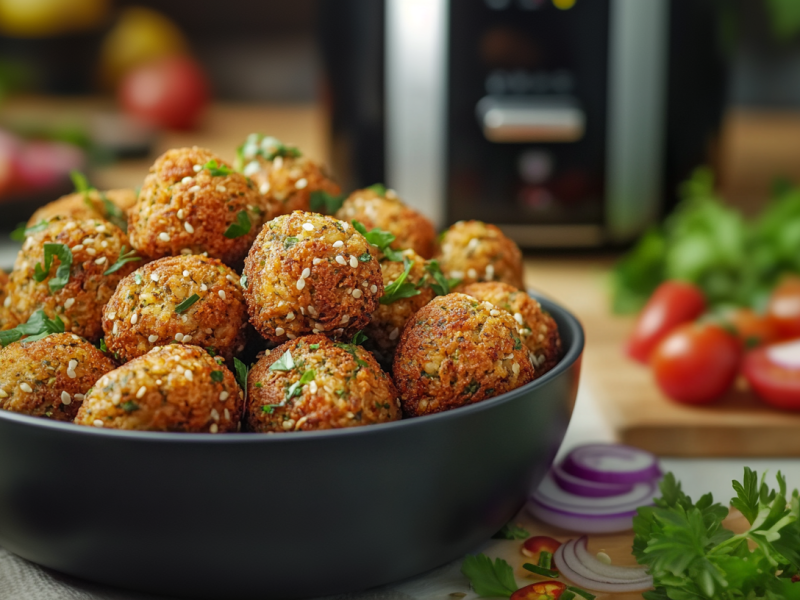 Eine SchÃ¼ssel mit Falafel aus der HeiÃŸluftfritteuse.