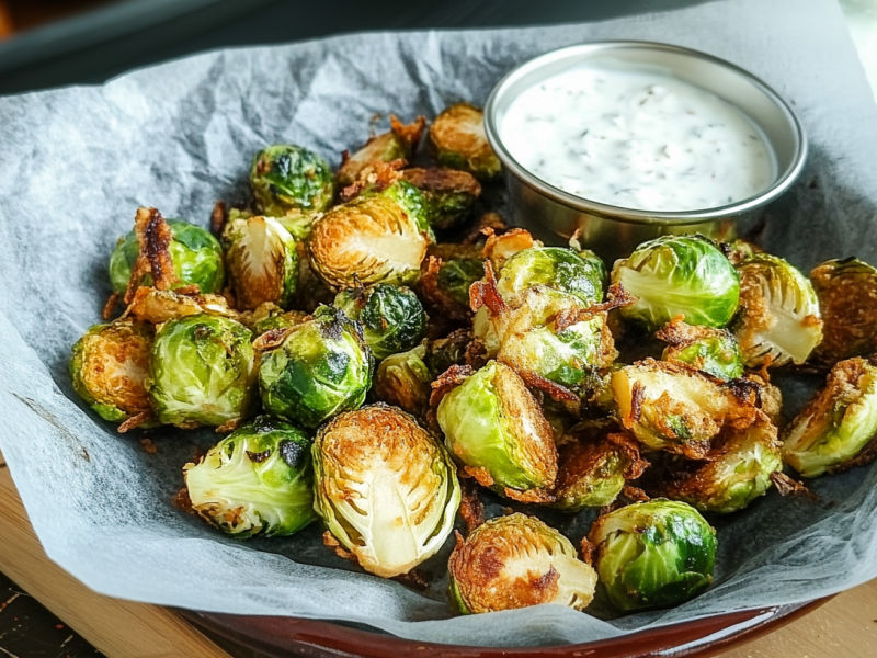 Frittierter Rosenkohl auf einem StÃ¼ck Backpapier, serviert mit einem Joghurt-Dip.