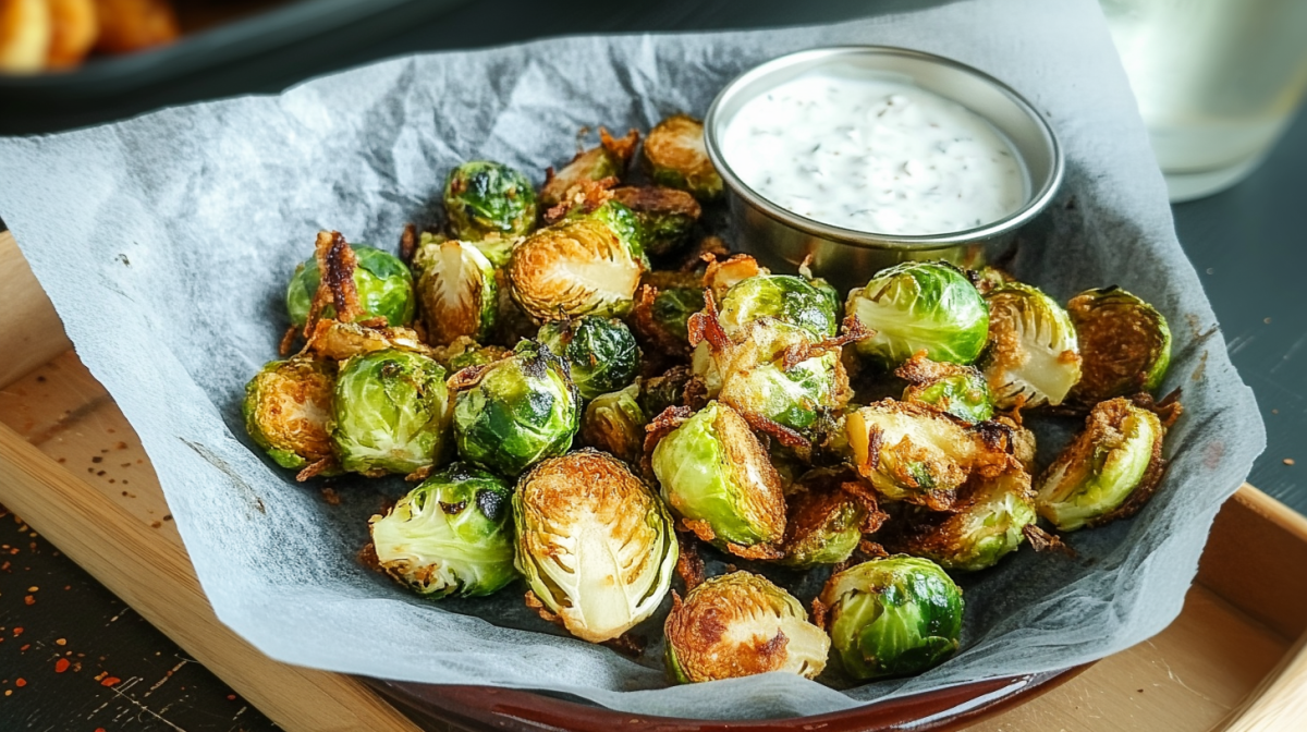 Frittierter Rosenkohl auf einem StÃ¼ck Backpapier, serviert mit einem Joghurt-Dip.