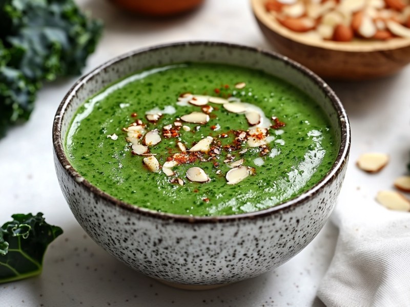 Eine SchÃ¼ssel mit GrÃ¼nkohl-Kokos-Suppe garniert mit gehackten Mandeln und Chilipulver. Die SchÃ¼ssel steht auf einer hellen ArbeitsflÃ¤che. Ringsum liegen GrÃ¼nkohlblÃ¤tter. AuÃŸerdem ist im Hintergrund eine Schale mit Mandeln angedeutet. Es liegen zusÃ¤tzlich ein paar einzelne Mandeln verstreut.