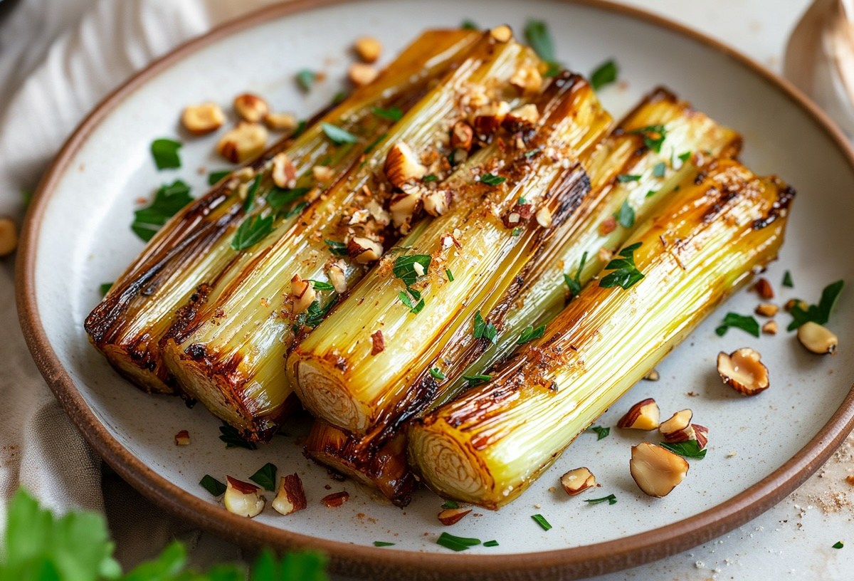 Ein Teller Lauch aus der HeiÃŸluftfritteuse mit HaselnÃ¼ssen und KrÃ¤utern bestreut. Nahaufnahme.