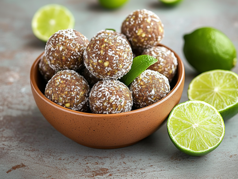 Eine kleine Holzschale mit Limetten-Energy-Balls.