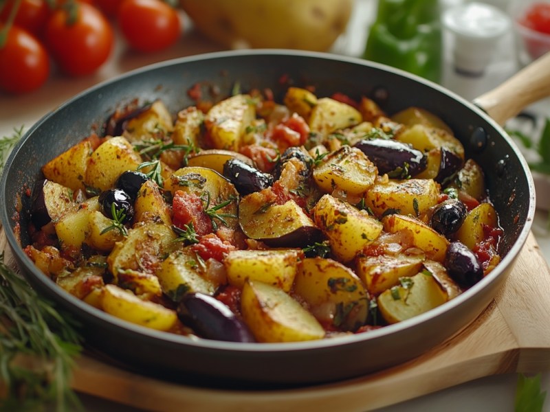 Eine mediterrane Kartoffelpfanne mit Aubergine, Zucchini, Oliven und Tomaten auf einem Brett, drumherum Zutaten.