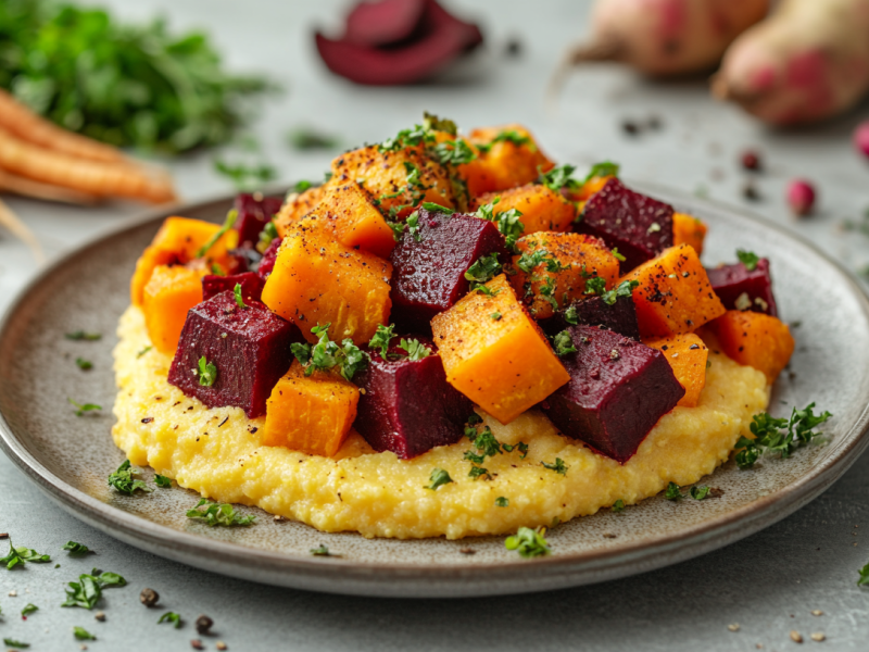 Ein Teller OfengemÃ¼se mit Polenta, im Hintergrund frisches GemÃ¼se.