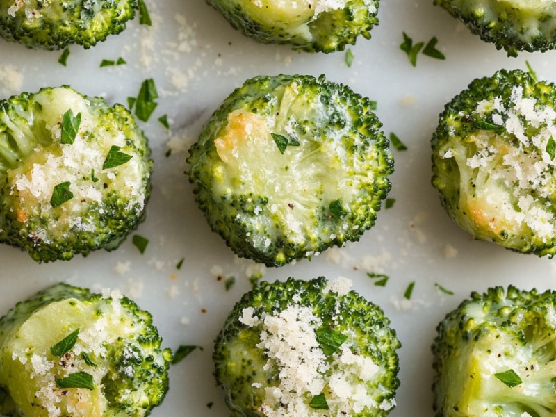 Smashed Brokkoli mit Parmesan in der Draufsicht.