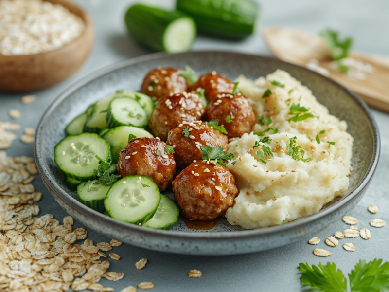 ein Teller mit veganen Frikadellen, Gurkensalat und Kartoffelbrei, drumherum Zutaten wie Haferflocken und Petersilie.